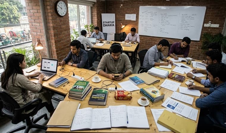 ক্যাম্পাসে ল্যাপটপ, নোটবুক ও বই নিয়ে দলীয়ভাবে কাজ করছে তরুণ উদ্যোক্তারা
