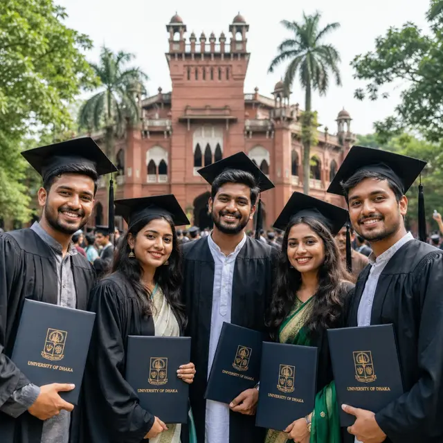 ঢাকা বিশ্ববিদ্যালয় থেকে স্নাতক হওয়া শিক্ষার্থীরা গ্র্যাজুয়েশন গাউন পরে আনন্দ করছে